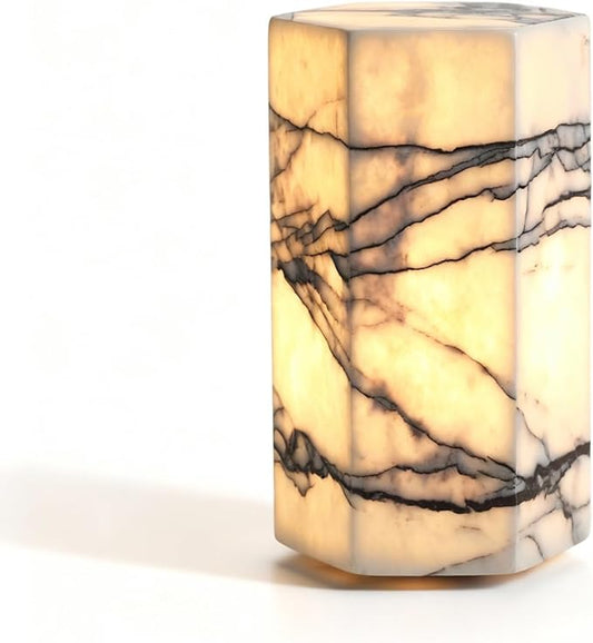 Handcrafted Real Marble Table Lamp, Stone Lamp with Tri-Color Dimmable LED, Bedside Lamp, Small Table Lamp for Home Decor, Accent Table Lamp for Bedroom Living Room, Hexagon
