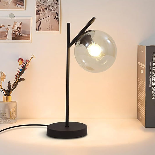 Mid Century Table Lamp Vintage Bedroom Desk Lamp Black Nightstand Lamp Contemporary Clear Glass Globe Bedside Lamp for Office Study Room