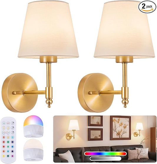 Battery Operated Wall Sconce Set of 2, Rechargeable Wireless Wall Lights with fabric Lampshade, 5000mAh Dimmable Bulbs with Remote,15 Colors Wireless Wall Lamps for Bedroom Living Room Hallway Decor