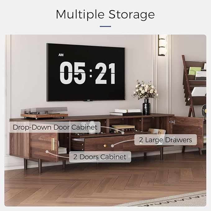 76" Wood TV Stand with Drop-Down Door Cabinet, Modern Entertainment Center with Drawers and Doors, Media TV Console with Woven Rattan, Dark Brown (Dark Brown)