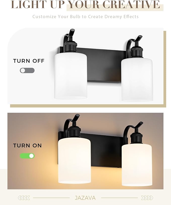 Black Vanity Light, 2-Light Bathroom Light Fixture, Modern Wall Sconce with Milk Glass, VL01BKW-2