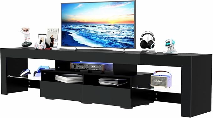 St.Mandyu LED TV Stand for 75/85/90 inch TV, High Glossy Modern Entertainment Center with Drawer and Led Lights, Television Table Media Console for Living Game Room Bedroom, Black