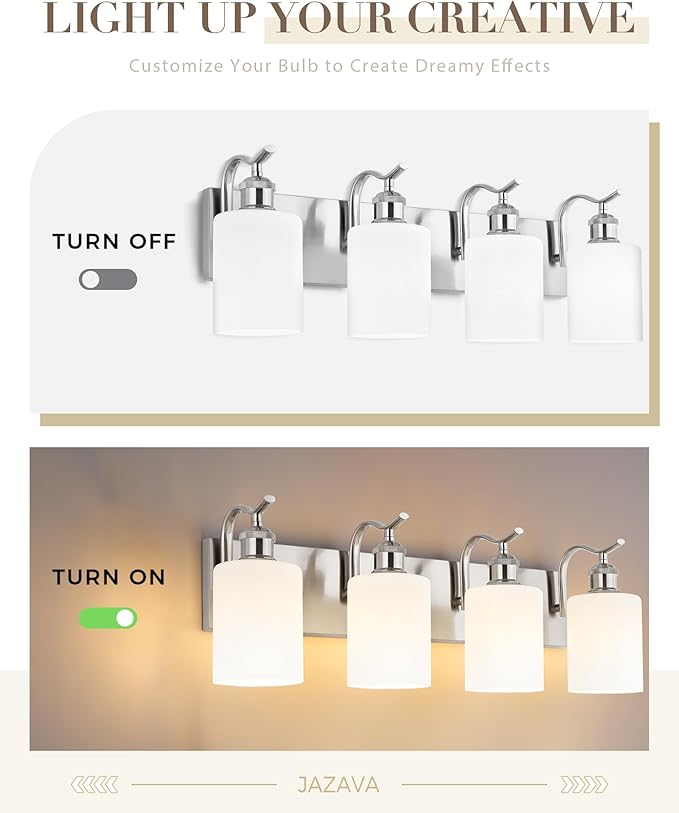 Milk Glass Bathroom Light, 4-Light Vanity Light Fixture, Brushed Nickel Wall Sconce, VL01BNW-4