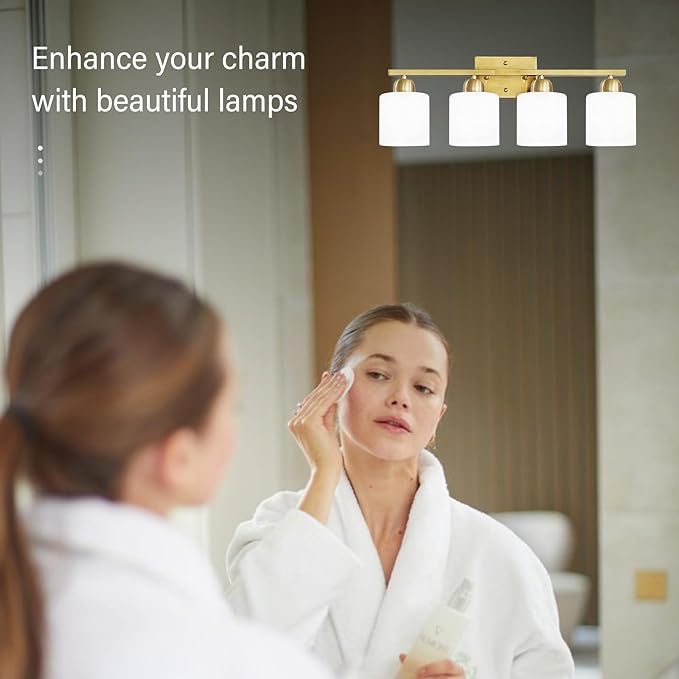 4 Light Gold Light Fixture Bathroom, Brushed Gold Vanity Light with Milky White Frosted Glass Shades, Lights for Bathroom Mirror for Living Room Bedroom Hallway E26 Base