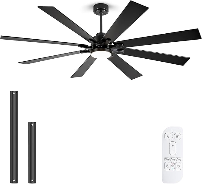 72 Inch Ceiling Fan with Lights, Large Outdoor Ceiling Fans with Light, Black Industrial Ceiling Fan 8 Blades For Great Room, Large Living Room Patio Farmhouse Damp Rated, Quiet Reversible DC Motor