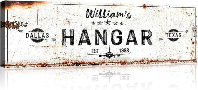 TAILORED CANVASES Hangar Sign - Personalized Aviation Hangar, Ready-to-Hung Aviation for Wall Decor and Airplane decor, Indoor and Outdoor Personalized gifts for men or Pilot Gifts - 8x24