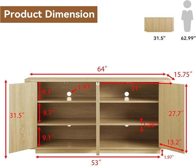 64" Sideboard Buffet Cabinet with Storage, Modern Fluted Accent Credenza with Adjustable Shelves, Wood Media Console Coffee Bar Table for Living Room Kitchen Dining Room, 31.5" H, Natural