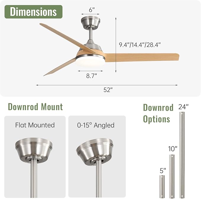 Sofucor 52 Inch Ceiling Fans with Lights and Remote Modern Outdoor Ceiling Fan with ABS 3 Blades Large Airflow 6000CFM, 6 Speeds, Dimmable 3-Color LED,Timer,Quiet DC Motor for Bedroom/Farmhouse/Indoor