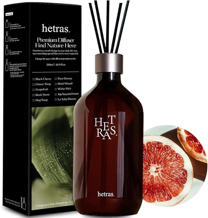 hetras Premium Reed Diffuser Set 16.9 fl.oz. 1 Pack | Grapefruit Scent | Long-Lasting Luxury Fragrance with 10 Reed Sticks for Home & Office | Gifts for Loved One