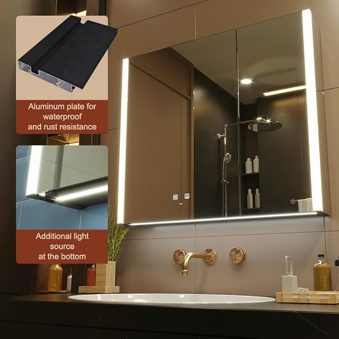 KWW LED Lighted Bathroom Medicine Cabinet with Sockets & USBs, Defogger, Dimmable, 3 Color Light Makeup Mirror, Easy to Install, Wall Mounted Cabinet (Two-Door, 31 * 28)