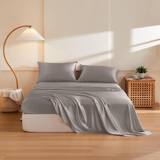 THXSILK Silk Sheet Set 4Pcs, 6A+ Grade 100% Mulberry Silk Bed Sheets Ultra Soft Durable Luxury Bedding Sets Environmentally Friendly, 1 Fitted Sheet, 1 Flat Sheet and 2 Pillowcases (Twin, Grey)