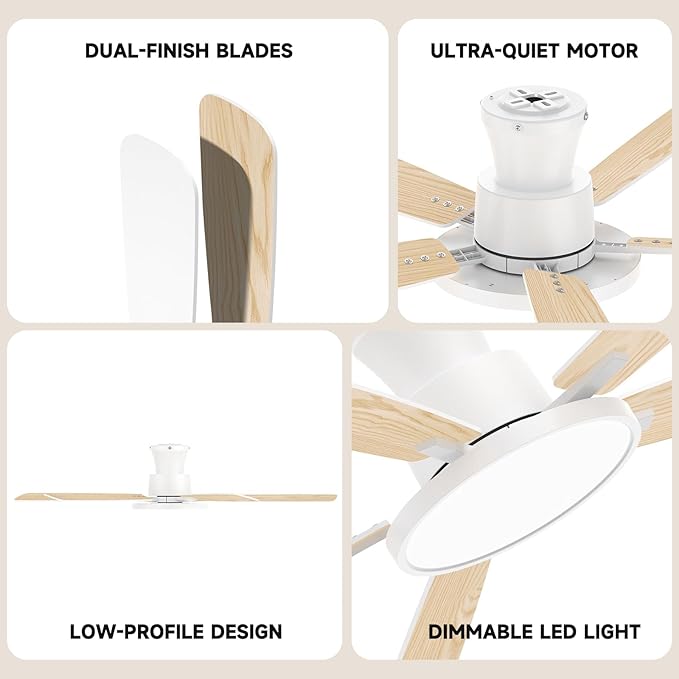 Ceiling Fans with Lights,52 inch,Quiet,Reversible Motor,Dimmable, Adjustable Color Temperature,6 Speeds,Timer, Low Profile Ceiling Fan for Bedroom,Living Room,Indoor/Outdoor Use(White)