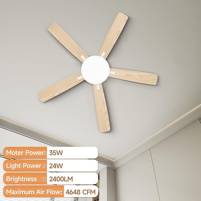 Ceiling Fans with Lights,52 inch,Nightlight,Quiet,Reversible Motor,6 Speeds,Timer, Low Profile Ceiling Fan for Bedroom,Living Room,Indoor/Outdoor Use(White)