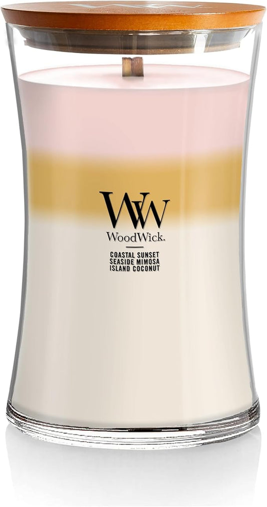 WoodWick Island Getaway Trilogy Gifts for Women and Men, 21.5 oz Large Hourglass Trilogy Candle with Crackling Wick