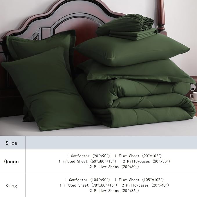NTBAY Queen Comforter Set with Sheets, 7 Pieces Soft and Breathable Queen Bedding Set, Bed in a Bag, Down Alternative Comforter Set Solid Color All Season, Queen Bedding Set, Olive Green
