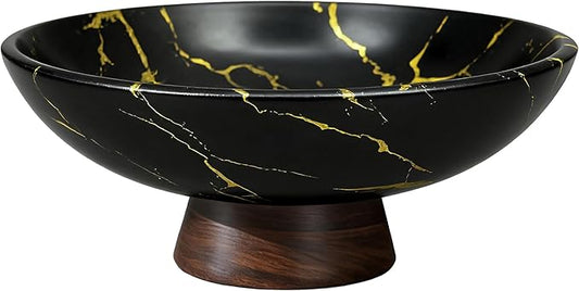 Black Marble Decorative Bowl with Wood Base – 11" Modern Pedestal Fruit Bowl for Dining Table, Kitchen or Entryway Décor