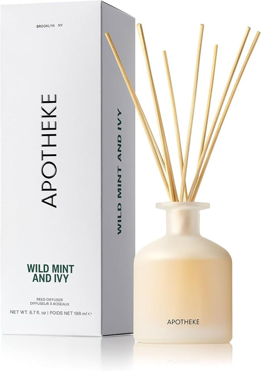 Apotheke Luxury Scented Reed Diffuser for Home, Wild Mint & Ivy - 6.7 Fl Oz Essential Oil Aromatherapy - 10 Rattan Scent Sticks Room Diffuser - Long-Lasting Fragrance for Bedroom, Home, Bathroom