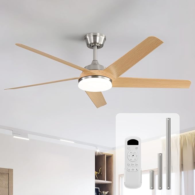 Sofucor 52 Inch Ceiling Fans with Lights and Remote Control-Modern Outdoor 5 ABS Blades Ceiling Fan, Dimmable 3-Color LED,Quiet DC Motor for Bedroom/Farmhouse/Indoor,Brushed Nickel&Natural Wood
