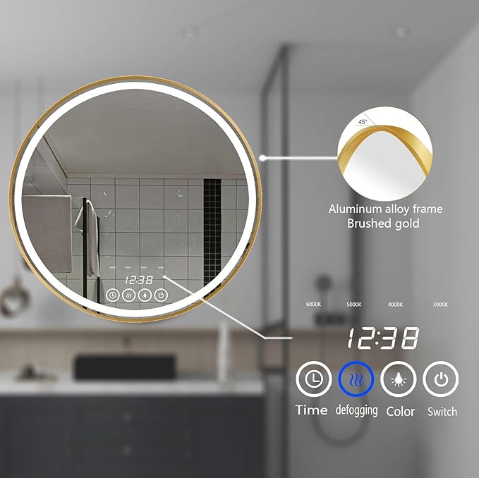 24 Inch Wall-Mounted Round Bathroom Mirror with LED-Lights - Frame Vanity Mirrors (24" x 24", Gold)