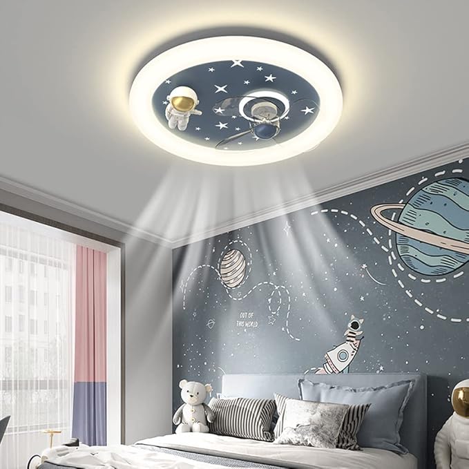 Children's Room Led Ceiling Lamp Creative Cartoon Astronaut Kid's Room Ceiling Fan with Lights 46W