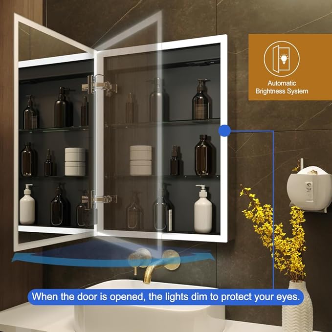 KWW LED Lighted Bathroom Medicine Cabinet with Sockets & USBs, Dimmable, 3 Color Light Makeup Mirror, Easy to Install, Wall Mounted Cabinet (Left Hinge, 19.5 * 28)