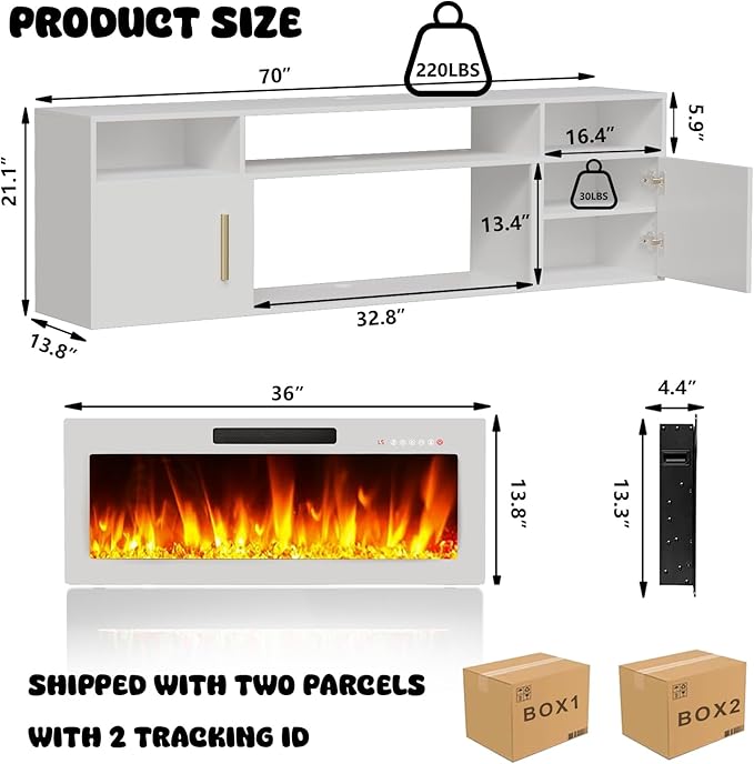 LEMBERI Floating Fireplace TV Stand 70'' Wall Mounted Shelf, LED Light Entertainment Center and Storage, Modern Wood Media TV Console with Highlight (White with White Fireplace)
