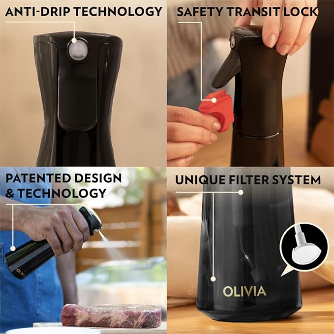 FLAIROSOL OLIVIA Oil Sprayer for Cooking, 200ml Glass Olive Oil Sprayer, Continuous Cooking Spray Dispenser with Portion Control for Kitchen, Air Fryer, Salad, BBQ (Black Bottle, Gold Print)