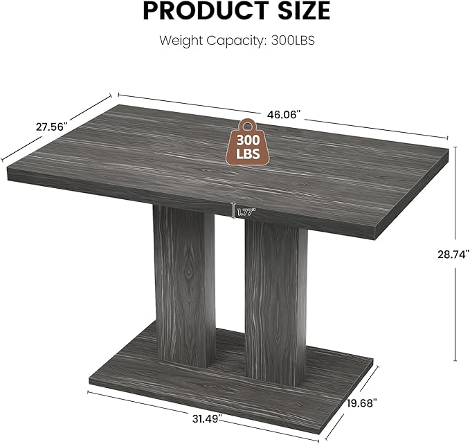 46" Dining Table for 4, Modern Rectangular Dining Room Table with Sturdy Pedestal Base, Thickened Tabletop, MDF Grey Wood Finish Kitchen Table for Breakfast Nook, Home & Apartment