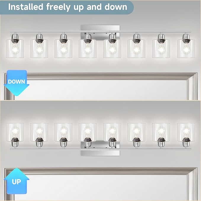 Modern Brushed Nickel 8 Light Bathroom Light Fixtures,52 inch Vanity Lights with Clear Glass, Bathroom Light Fixture for Mirror Kitchen Living Room Hallway Cabinet Porch