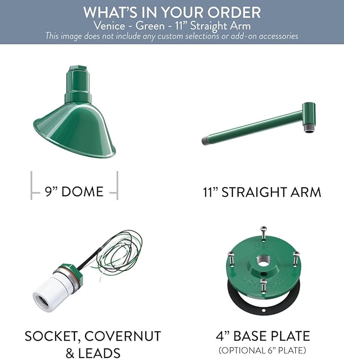 Steel Lighting Co. Venice Store Sign Light | for Outdoor Restaurant Accent Wall | 9 inch Dome | 11 inch Straight Arm | Farmhouse Warehouse Style Made in America | Green Exterior/White Interior