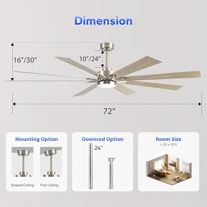 72" Outdoor Ceiling Fans for Patios with Light, Large Modern Industrial Ceiling Fan with Quiet Reversible DC Motor, High CFM Indoor Exterior Ceiling Fan for Garage Office Outside Shop, Nickel & Oak