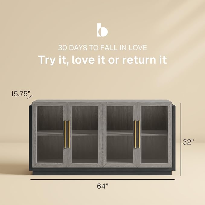 BELLEZE Sideboard Buffet Cabinet, Modern Wood Glass-Buffet-Sideboard with Storage, Console Table for Kitchen, Dining Room, Living Room, Hallway, or Entrance - Brixston (Grey)