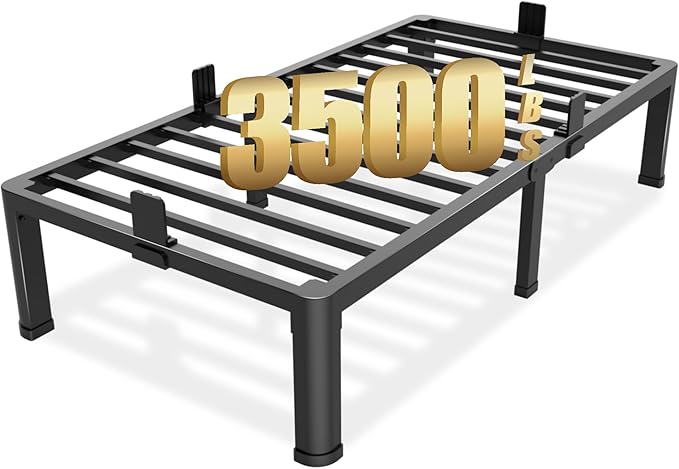 14 inch Twin Bed Frame with Round Corner Legs Mattress Slide Stopper,3500 lbs Heavy Duty Metal Platform,No Box Spring Needed,Steel Slat Support,Easy Assembly,Noise Free