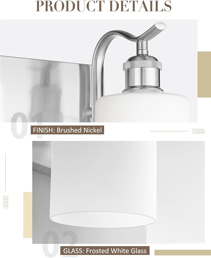 Milk Glass Bathroom Light, 3-Light Vanity Light Fixture, Brushed Nickel Wall Sconce, VL01BNW-3