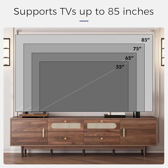 76" Wood TV Stand with Drop-Down Door Cabinet, Modern Entertainment Center with Drawers and Doors, Media TV Console with Woven Rattan, Dark Brown (Dark Brown)