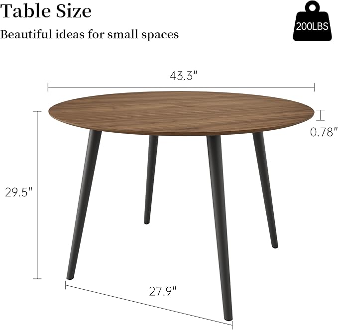 43.3 Inch Walnut Round Dining Table for 4, Space-Saving Dinette Perfect for Kitchen Dining Living Room(Walnut Table)