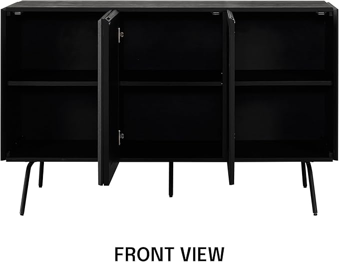NTC MOSSIC Modern Sideboard with 3 Doors, Natural Rattan Storage Cabinet, Buffet with Metal Legs, Boho Accent Cabinet for Living Room, and Entryway, Effortless Assembly - Burnt Black