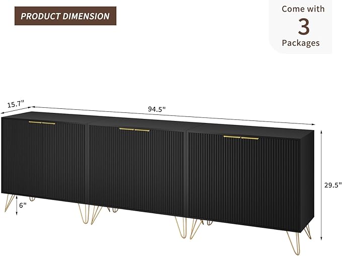 Fluted TV Stand for 90 Inch TV,Modern Black and Gold TV Stand,TV Console Entertainment Center with 3 Storage Cabinets,Adjustable Shelves & Gold Handles,Wood Media Cabinet for Living Room