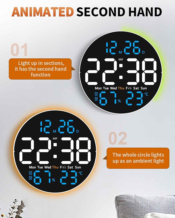 10 Inch Large Digital Wall Clock with 9 Color Changing Remote Control, Date Week Temperature, Auto Brightness Dimmer Big Clock with Night Lights,Blue