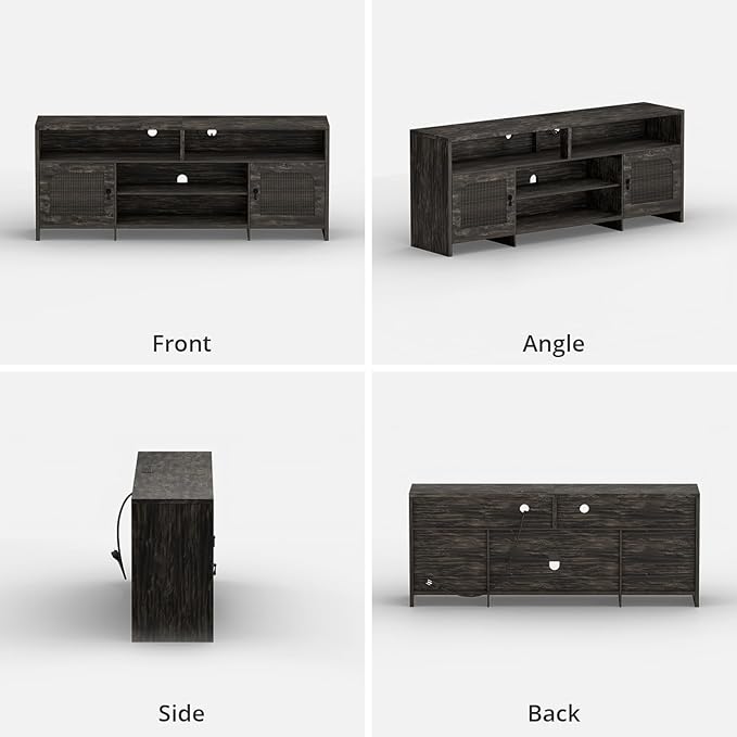 Fluted TV Stands for 70-80 Inch TV, Mid-Century Modern TV Stand Entertainment Center with LED Lights and Open Storage Shelves, 70" Curved TV Media Console for Living Room, Dark Rustic Oak