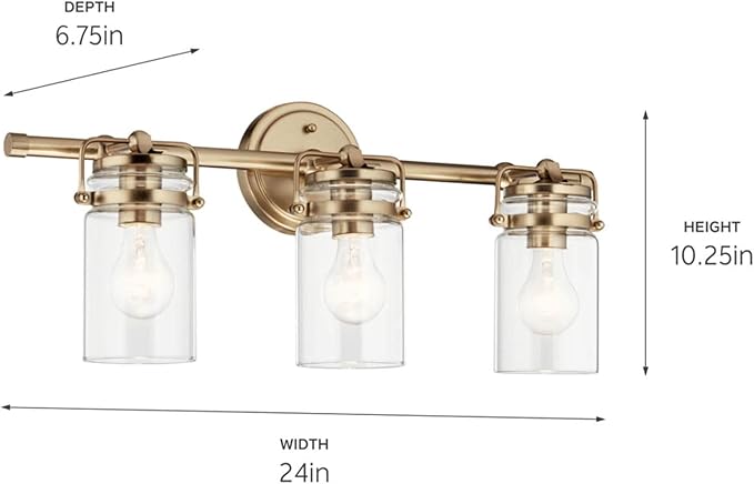 Kichler, Brinley 24" 3 Light Vanity Light with Clear Glass in Champagne Bronze for Bathroom and Powder Room, (24" W x 10.25" H), 45689CPZ