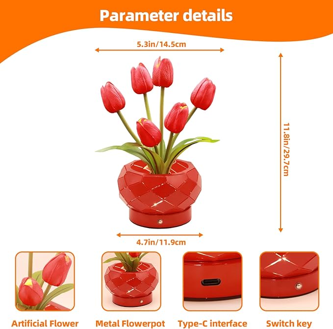 Birthday Gifts for Women,Tulips Flower Touch Lamp,Rechargeable Cordless Lamps 3-Colour Dimming Small Night Light for Festival,Restaurant,Bedroom,Office Home Decor Gifts for Mom