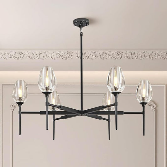 Modern Crystal Chandelier 6 Lights Black, 42in Black Round K9 Crystal Tulip Chandelier, Pendant Ceiling Light for Dining Living Room Bedroom Entryway Over Table, E12 Bulbs Included