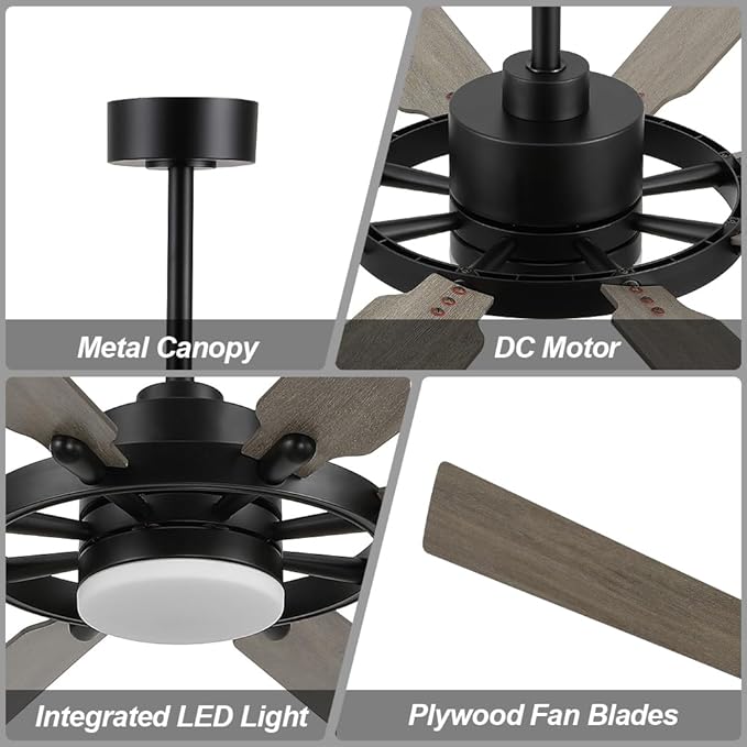 ELEHINSER 72 Inch Ceiling Fan with Lights and 3 Downrods, 8 Plywood Blades, 6-Speed Noiseless Reversible DC Motor, 3CCT, Windmill Ceiling fan for Kitchen Bedroom Living Room, Black and Grey