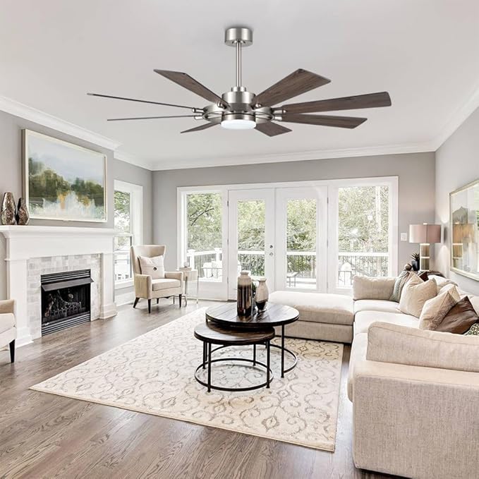 ELEHINSER 72 Inch Ceiling Fan with Lights and 3 Downrods, 8 Plywood Blades, 6-Speed Noiseless Reversible DC Motor, 3CCT, Windmill Ceiling fan for Kitchen Bedroom Living Room, Nickel and Grey
