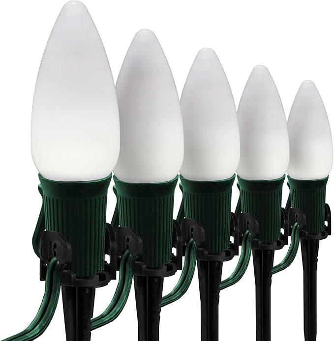 Wintergreen Lighting 25 OptiCore LED C9 Cool White Pathway Christmas Lights, Heavy Duty Vintage Style Bulbs for Driveway, Walkway Marker, 5" Commercial PathPRO Stakes, 18 Gauge Green Wire, 25'