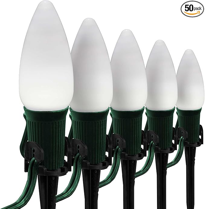 Wintergreen Lighting 50’ OptiCore LED Cool White Smooth/Opaque Christmas Pathway Lights, C9 Outdoor White Christmas Lights, 4.5” Stakes, Green Wire Plug String Lights