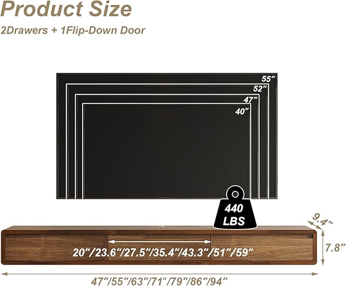 Solid Wood Floating TV Stand, Wall Mounted Entertainment Center with 2 Drawers, Floating TV Shelf for Living Room Bedroom & Office (Walnut, 47in)