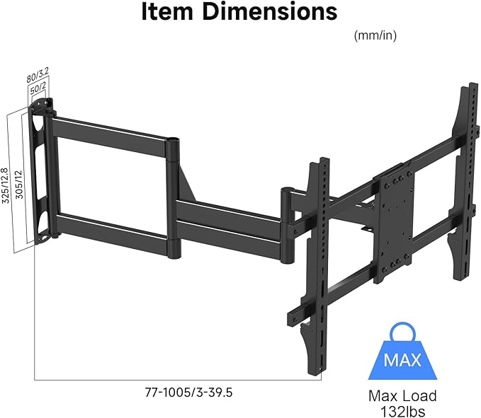 Suptek 40" Full Motion TV Mount for 32-82" TVs, 132 lbs max, VESA 600x400mm. Swivel, tilt & Corner fit. Heavy Duty for LED/OLED/QLED. Model MA1078L