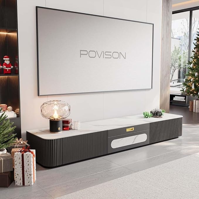 POVISON Fully-Assembled Modern TV Stand for Projector, Sintered Stone Entertainment Center with Storage for 65 inch TV, Wood TV Console, Media Console for Living Room Bedroom